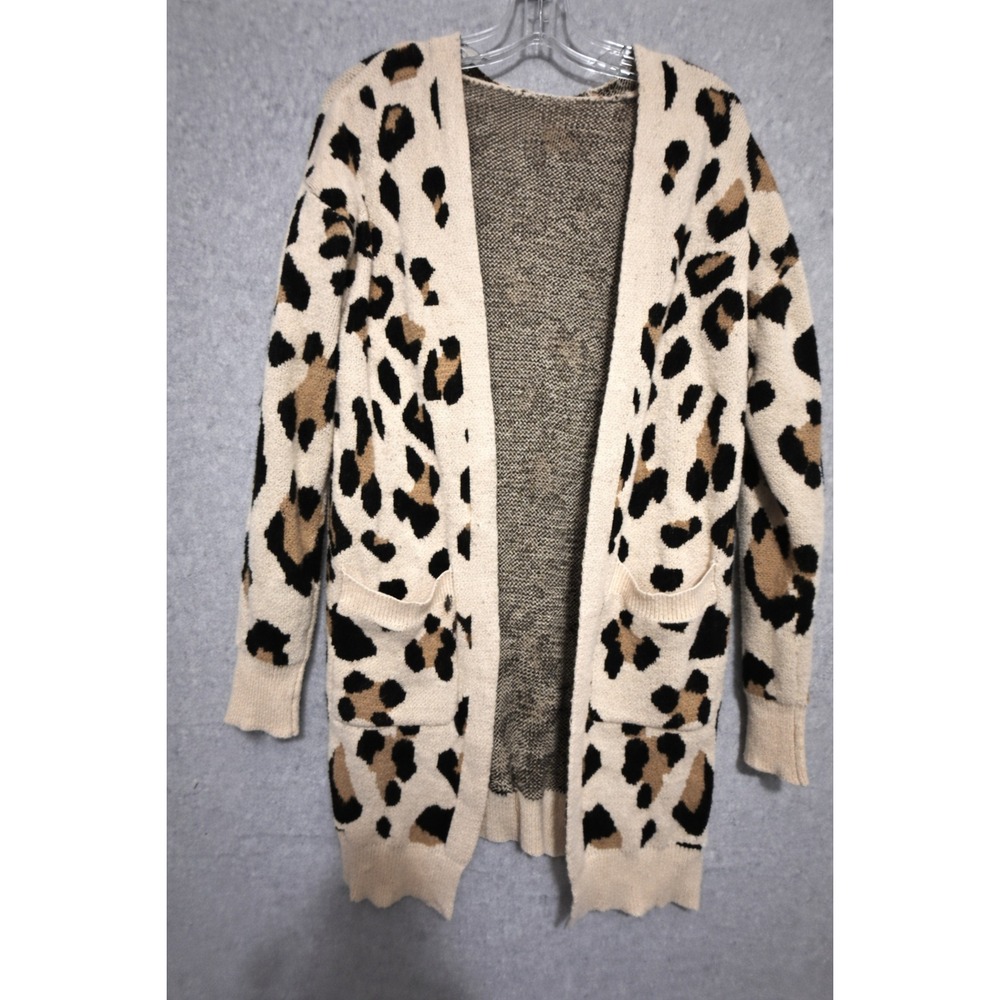 Entro Cardigan Sweater Womens Small Beige‎ Leopard Print Open Front Knit Pockets